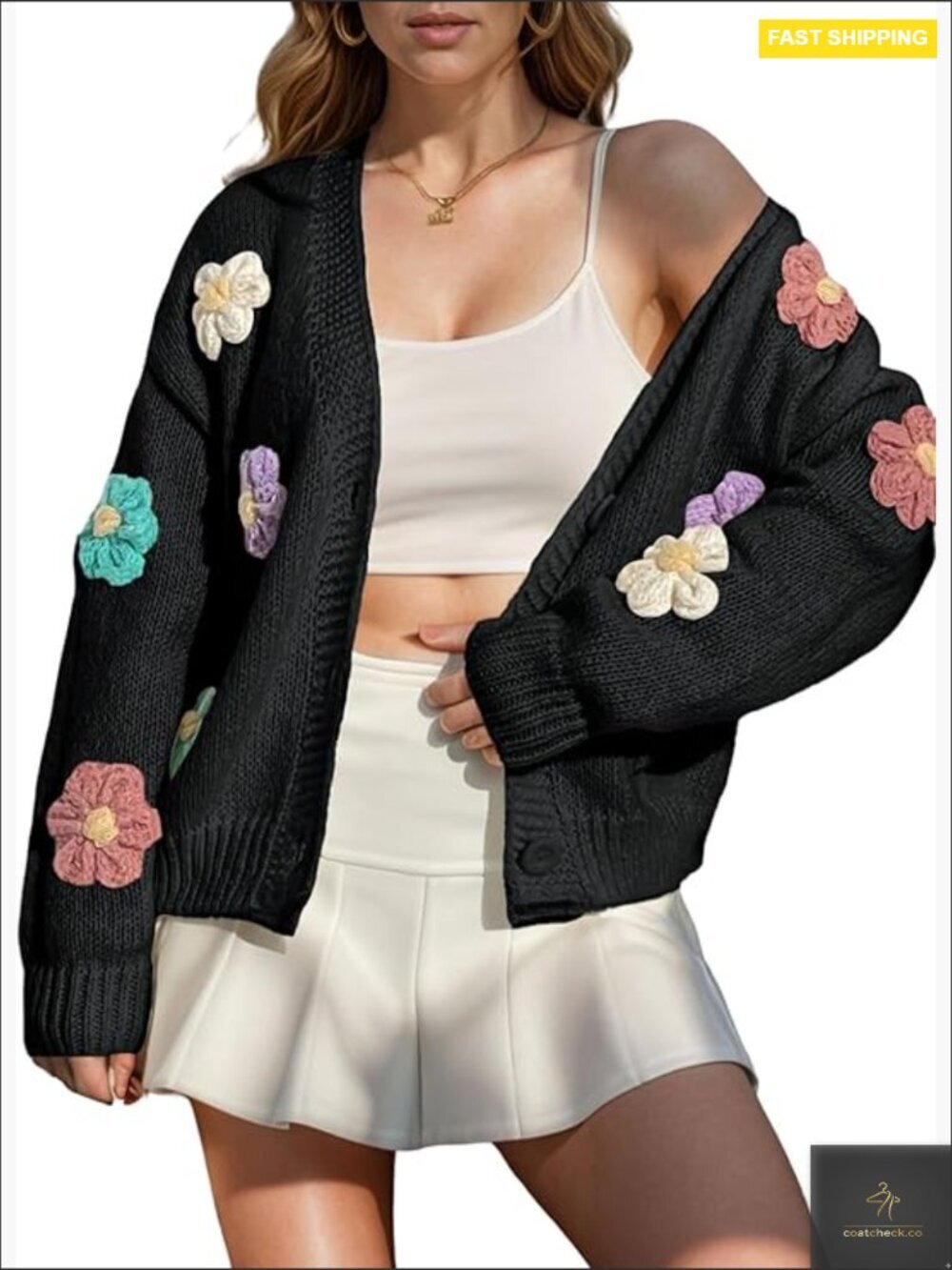 Ribbed Knit Cardigan Embroidery Aesthetic Floral Applique Button Up Sweater Coat